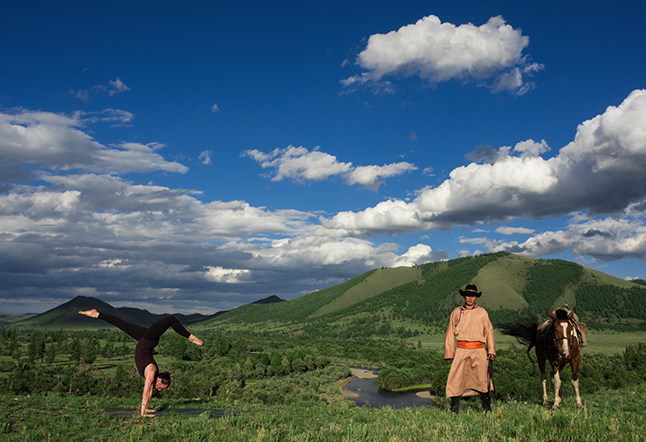 country side cow boy yoga pose horse nature